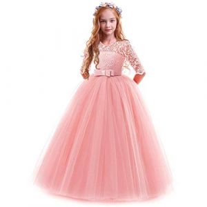 FYMNSI Robe Enfant Fille Ceremonie Anniversaire de Princesse d'honneur Mariage Bowknot Manches 3/4 Longue en Dentelle Robe Tutu Tulle de Soirée Bal Partie Formelle Carnaval Rose 5-6 Ans (FYMNSI store, neuf)