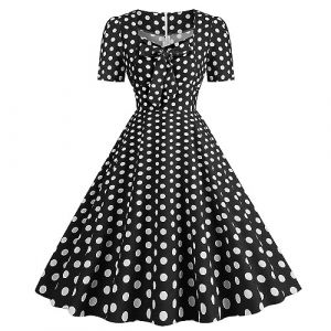 Robe style rétro années 50 et 60, style vintage, style vintage, avec col en cœur, robe vichy fluide avec nœud sur le devant pour femme, style vintage, années 50 et 60, Noir 2, XL (TEGGbep, neuf)