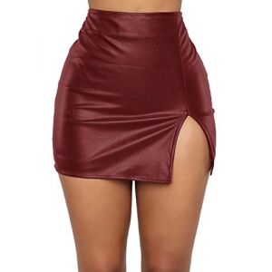 Panegy Mini Jupe en Cuir Synth&eacute;tique - Fendue, Moulante, Taille Haute, D&eacute;contract&eacute;e, Skinny pour Femme - Rouge, L (QINGYUEEU, neuf)