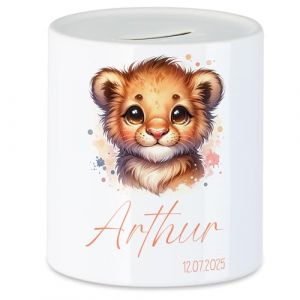 Tirelire pour enfant avec nom, personnalisable, motif animal, lion, cadeau pour anniversaire, No&euml;l, naissance et bapt&ecirc;me &ndash; Tirelire en argent et exauceur de souhaits (Kiddle-Design, neuf)