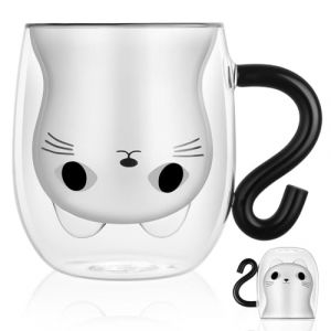 Vicloon Tasse Chat Noir Tasse &agrave; Caf&eacute; Double Paroi, Chat Tasse &agrave; Caf&eacute; Double Paroi 280 ML, Tasse en Verre pour Chaton, pour Cappuccino, Latte Macchiato, Lait, Cadeau de No&euml;l Valentin Anniversaire (Vicloon&reg;-FR, neuf)