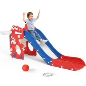 Toboggan pour enfants, grand avec panier de basket, structure d'escalade de jardin, t&eacute;lescope, espace (petit dinosaure unique + cadre sph&eacute;rique + anneau &ndash; Europe &ndash; rouge et bleu) (Maksimshopco, neuf)
