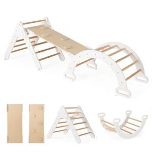 GOPLUS 7 en 1 Triangle Arche Montessori, Arche d'escalade Enfants avec Toboggan Bois,Rampe, Échelle Réglable, Charge 50KG, pour Tout-Petits Bébé 1 Ans+(Gris) (Augenstern24, neuf)