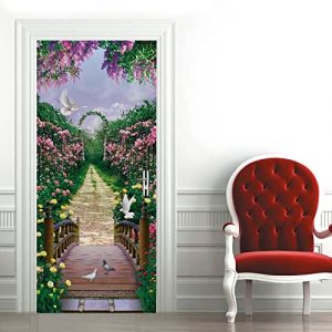 papier peint 3d 40x120cm(15.74 inches * 47.24 inches)Pont en bois fleurs Trompe l'oeil D&eacute;coration Pour Porte Cuisine Salon Chambre Salle De Bain Pour Les Murs Auto Adh&eacute;sif Amovible Imperm&eacute;able PVC Art (Kamierfangzipin, neuf)