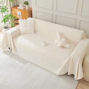 Royhom Housse de Canap&eacute; d'angle, Housse Canap&eacute; 3 Places, Beige Couvre Canape Chenille, Protege Canape Angle avec Glands D&eacute;coratifs, Anti-Rides (Beige Blanc, 180x340 cm) (Royhom Europe, neuf)