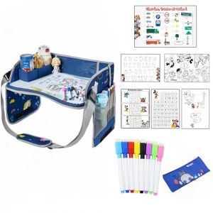 Plateau de Voyage Enfant Oji Nova – Feuilles Plastifiées Effaçables + 8 Feutres + Trousse – Kit Créatif Amovible (Bleu) (King sparrow, neuf)