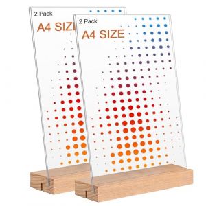Whemyreat Lot de 2 présentoirs de table avec pied en bois - Format A4 - En acrylique transparent - En forme de L - Présentoir publicitaire double face - Pour mariage, bureau, café, restaurant, magasin (prunejuices, neuf)