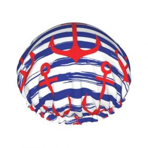 Bonnet de douche réutilisable pour femmes, motif ancre, bonnet de bain, double couche, imperméable, protecteur de cheveux, bande élastique réglable, chapeau de douche pour la maison, le spa, le salon (Qingchede77Stro, neuf)