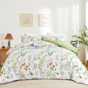 Freyamy Housse de Couette 200x200 Blanc Vert Feuilles Floral Parure de lit 2 Personne en Microfibre avec Fermeture Éclair Réversible Sets de Housse Couette Fleurie avec 2 Taie d'oreiller 65 x 65cm (Mitchell'SZ, neuf)
