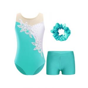 Oyolan Enfant Fille Justaucorps Gymnastique Strass avec Short Danse Gym Patinage Costume Spectacle Entraînement 5-16 Ans D Bleu vert 7-8 ans (Oyolan EU, neuf)