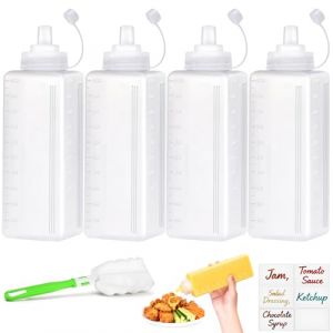 qjuwhua Lot de 4 bouteilles compressibles en plastique de 1000 ml avec bouchons - Bouteille &agrave; sauce - Pas de fuite - Distributeur de condiment avec &eacute;tiquettes - Pour ketchup, sauces &eacute;pic&eacute;es, huile (shenzhenshiqingjuwenhuachuanboyouxiangongsi, neuf)
