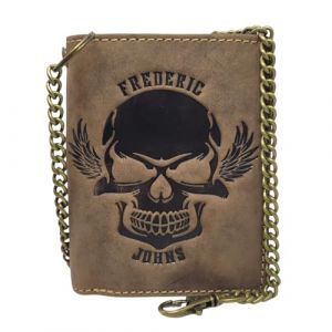Fr&eacute;d&eacute;ric Johns Portefeuille Homme Vintage en Cuir avec Cha&icirc;ne, Logo T&ecirc;te de Mort, RFID, 11 Cartes, Porte-Monnaie &agrave; Pression, 2 Compartiments Billets, Style Biker Rock S&eacute;curis&eacute; (LILOSAC, neuf)
