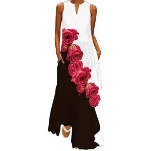 WINKEEY Femme Robe Longue Imprim&eacute; Floral Maxi Robe Boh&egrave;me avec Poches sans Manches Grande Taille, Rouge Rose M (WINKEEY, neuf)