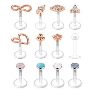 Mayhoop 12Pcs Piercing Tragus Helix Labret Studs 16G Acrylique Flexible Clair CZ avec Top Or Rose Retainers Clou de Oreille Tragus Cartilage Helix L&egrave;vre Femme Homme Bijoux de Piercing 6-8mm (Mayhoop, neuf)