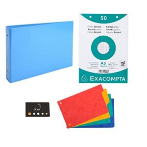 Classeur Pour Fiches + 100 Fiches Bristol A5 Quadrillées Perforées + 4 Intercalaires + 1 Index Adhésif Blumie (Bleu Ciel) (Blumie Shop, neuf)