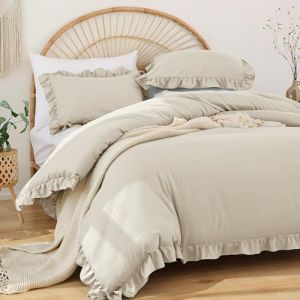 Covebett Housse de Couette 220x240 cm Beige avec Volant Romantique Parure de lit Unie 3 Pi&egrave;ces &agrave; Volants 2 Personnes en Microfibre Linge de lit avec Fermeture &Eacute;clair et 2 Taies d'oreiller 65x65cm (TanVita, neuf)