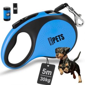 CORTESPETS® Laisse Chien, Enrouleur 5m pour Chiens jusqu'à 50 kg avec Support pour Sacs à excréments, Extensible, Rétractable. Laisse rétractable Gros Chien (Bleu, M - 5M - 30KG) (Cortes Global  FR, neuf)