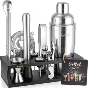 Eocolz Cocktail Shaker Kit, INOX Ensembles de Bar Cocktail Set, 17Pièces Cocktails Ensemble-Cadeau, Shaker à Cocktail Kit Barman avec Cadre en Bois (Noir Argent) (Eocolz EU, neuf)