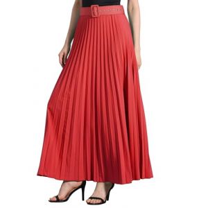 Allegra K Jupe Pliss&eacute;e Longue Femme Fluide Taille Haute &Eacute;lastique Jupe Maxi Ceintur&eacute;e Trap&egrave;ze de Business Rouge L (Allegra K FASHION, neuf)