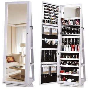 sogesfurniture Armoire à Bijoux sur Pied, Armoire de Rangement cosmétiques avec Miroir Plein Longueur et Étagères Arrières, Rangement Bijoux Verrouillable, Pivotante à 360°, Blanc (FLASHBUY TRADE S.R.L., neuf)