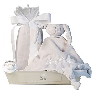 Cadeau de Naissance pour Nouveau-Né - Doudou avec Le Prénom du Bébé Brodé, Tétine Personnalisée avec Prénom de Bébé et 2 Mousselines -Gris | BebeDeParis (BebeDeParis, neuf)