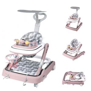 OHMG Trotteur Babywalker 5 en 1 Chariot d'&eacute;veil et de marche Trotteur,Fonction basculante Transat avec roulettes,Lumi&egrave;re,Musique,Aire de jeu Table &agrave; manger Trotteur Pliable (Rose-65 * 58 * 90cm) (jusiZL, neuf)