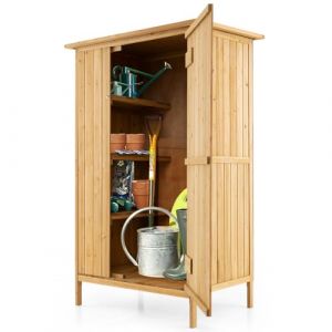 GOPLUS Abri de Jardin en Bois de Sapin, Armoire de Jardin avec Toit Incliné en Asphalte, 3 Étagères, 5 Crochets & Portes Verrouillables, Abris pour Outils Extérieure, pour Terrasses, Balcon, Naturel (Augenstern24, neuf)