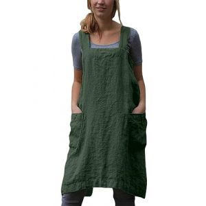 ORANDESIGNE Tablier &agrave; Bavette en Lin Robe Mi-Longue Femmes sans Manches Couleur Unie Crois&eacute; Licou Tablier Mini Robes L&acirc;che Longue Chemise D&eacute;bardeurs avec Poches Tabliers B Arm&eacute;e Verte XL (ORANNER EU, neuf)