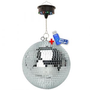 Boule à Facettes Argentée 50cm FXLab avec deux points de suspension + Moteur de boule LED à batterie FXLAB+Clé USB 32G (SONO-ENERGIE, neuf)