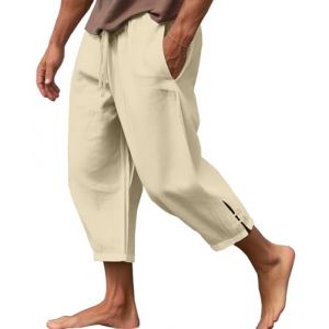 CheChury Pantalon Coton Lin Homme Décontractés Pantalon de Plage Léger Été Pantalon Sarouel Homme Pantalon Casual Yoga Pants avec Cordon Poches Léger Pantalon Ample Respirant Pantalon de Sport (Sofenny, neuf)