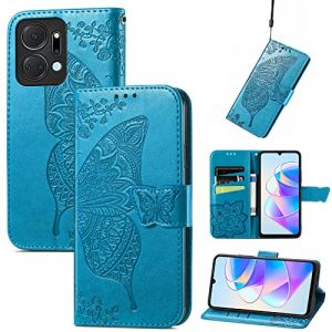 JIUNINE Coque pour Honor X7a, Antichoc Housse &eacute;tui en Cuir PU Flip Case Portefeuille &agrave; Rabat avec Motif Papillon [Porte Carte] [Fermeture Magn&eacute;tique] pour Honor X7a, Bleu (JIUSEN EU Store, neuf)