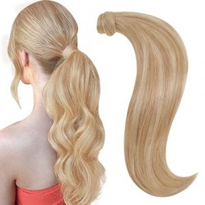 RUNATURE Extension Queue de Cheval Blonde 16 Pouces/40cm Ponytail Cheveux Naturel Queue de Cheval Blond Doré Surligné Blond Clair #16P24 Extension Postiche Cheveux Humain Queue de Cheval 80g (Runature EU, neuf)