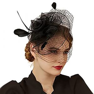 MNSWR Chapeau à Voilette Chapeau Cravate Soie Noire Flapper Bandeau Noir Plume Casque Strass Bande De Cheveux Cocktail Tête Accessoires Pour Femmes Casserole Universel Chapeau Mariage Femme (auxXeto, neuf)