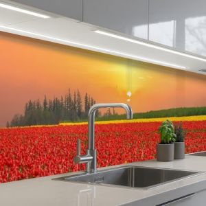 KitchenYeah&copy; Credence Adhesive Pour Cuisine 60x500 cm Panneau Mural Adhesif Fond De Hotte Plaque Pvc Murale Peel And Stick Protege Mur Fleurs - Paysage - Tulipes - Coucher Soleil (KitchenYeah, neuf)