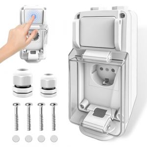 Prise en saillie avec interrupteur IP66, prise extérieure étanche en saillie pour pièces humides avec serrure, prise extérieure à 2 trous avec interrupteur, pour extérieur, garage, jardin, pièces (techextra shop, neuf)