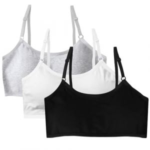FUIPVGI 3 Pièces Soutien-Gorge d'entraînement sans Couture pour Filles avec Réglable Haut à Bretelles et Coussinets Fixes, Doux Coton Brassiere sans Armature pour Fille 10 à 16 Ans (Noir,Blanc,Gris (DONG YI, neuf)