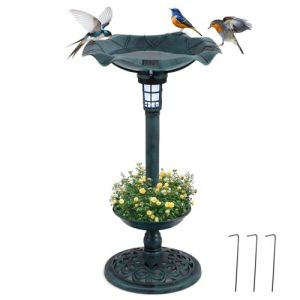 GYMAX Bain d'Oiseau Lumineux Solaire, Mangeoire sur Pied 76cm avec Jardinière, 3 Piquets Inclus pour Stabiliser, Abreuvoir Décoratif Vintage pour Jardin, Cour, Patio (Bronze) (GYMAX EU, neuf)