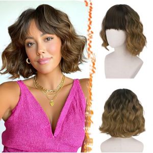 BARSDAR Courte Ondul&eacute;e Perruque Brun Ombre avec Franges, Courte Perruque Bob Brun pour Femmes Boucl&eacute;e Bob Perruques avec Franges Synth&eacute;tiques D'aspect Naturel Cheveux Perruques Cosplay Utilisation (BARSDAREU, neuf)