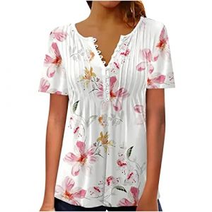 Chemisier Femme Chic et Élégant Manches Courtes Tshirt Chemisiers Et Blouses Grande Taille Imprimé Plissé Henley Tunique Tops Col V Blouse de Soie Boheme Haut Tunique Été Tee Shirt Femmes Solde (⭐⭐⭐⭐⭐AEGJEGVD(5-15 jours Arrivé), neuf)