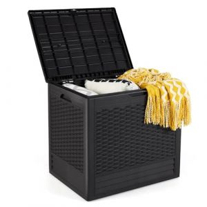 GOPLUS Coffre de Jardin Exterieur Etanche 96L, Coffre Exterieur Etanche HDPE Verrouillable Vérin à Gaz, Poignée, Banc Pouf 1 Personnes,Charge 80KG pour Balcon Piscine (Marron,58x44x54CM|96L) (Augenstern24, neuf)
