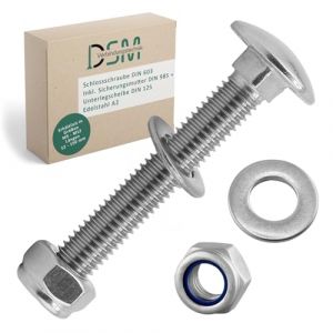 DSM - Boulons M8 x 35 mm selon DIN 603 - M8 Écrou de blocage DIN 985 & rondelle DIN 125 - Acier inoxydable A2/V2A - Vis à tête bombée avec collet carré - Écrous d'arrêt - Lot de 50 (DSM-Verbindungstechnik GmbH, neuf)