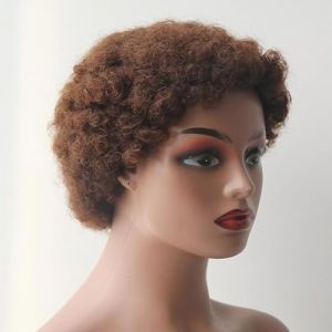 Perruques de cheveux humains boucl&eacute;s en cheveux humains, couleur pour femme, perruque courte Pixie Cut pour femme, marron chocolat (linjie20248, neuf)