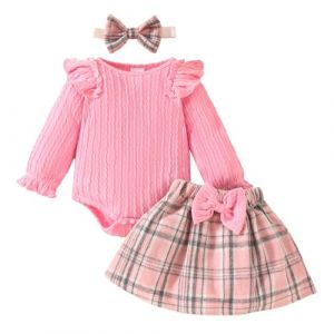 LUVCES Ensemble Jupe B&eacute;b&eacute; Fille d'Automne Manche Longue &agrave; Volants Barboteuse Jupes &agrave; carreaux avec Bandeau V&ecirc;tements pour Nouveau-n&eacute; 3Pcs Rose 12-18 Mois (SANYI FASHION, neuf)