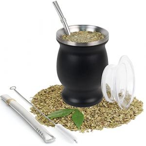 Yerba Maté en Acier Inoxydable - Double paroi isolée Mate de calebasse, Kit Bombilla Maté - avec 2 Bombillas et 1 Pinceau, Tasse Maté Ensemble pour Yerba Mate Boire (Carreau Noir) (Myriad Choices, neuf)