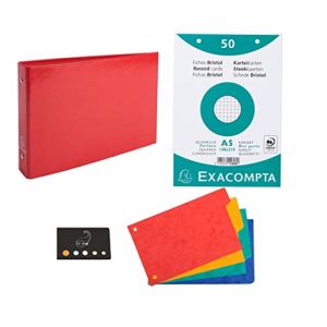 Classeur Pour Fiches + 100 Fiches Bristol A5 Quadrill&eacute;es Perfor&eacute;es + 4 Intercalaires + 1 Index Adh&eacute;sif Blumie (Rouge) (Blumie Shop, neuf)