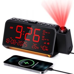Radio-réveil numérique avec projection - Radio FM et minuterie d'arrêt automatique - Projecteur à 320° avec variateur d'intensité - Mode week-end - Double alarme, température et humidité - Réveil fort (mesqool, neuf)