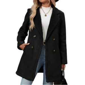LIUYUYOUGO Trench Coat Femme Manteau D'Hiver Long En Daim Pour Femme Veste En Simili Cuir Su&eacute;d&eacute; Style Caban Crois&eacute; &Agrave; Revers Chaud Doubl&eacute; En Polaire Sherpa Longueur Mi Longue Noir Taille (lysmozz, neuf)