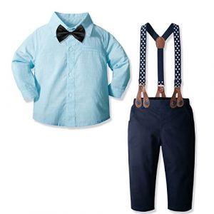 Yilaku Bébé Garçon Vêtements Enfants Costume Bébé Bébé Garçons Vêtements Pantalon Et Chemise Ensemble + Bretelles Noeud Papillon 4Pcs Tenues De Baptême Pour Les Tout-Petits, Bleu Ciel, 9-12 Mois (Yilaku FR Store, neuf)