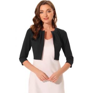 Allegra K Bol&eacute;ro en Mousseline Femme Blazer Court de Bureau &agrave; Haussement d'&Eacute;paules et &agrave; Manches 3/4 Cardigan L&eacute;ger Court Pliss&eacute; sans Col Noir XS (Allegra K FASHION, neuf)