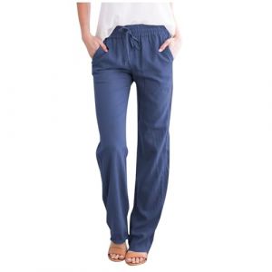 Femme Lin Pantalon Coton Lin Pantalon L&eacute;ger Casual Elegant Pantalon &Eacute;lastique Pantalon D&eacute;contract&eacute;e Fluide Couleur Unie Mode Pants avec Poches Grande Taille Pantalon de Jogging &agrave; Cordon (Blingko, neuf)